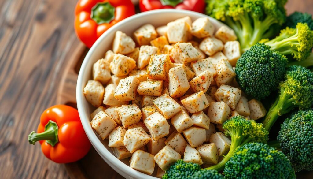 Diced chicken in a bowl