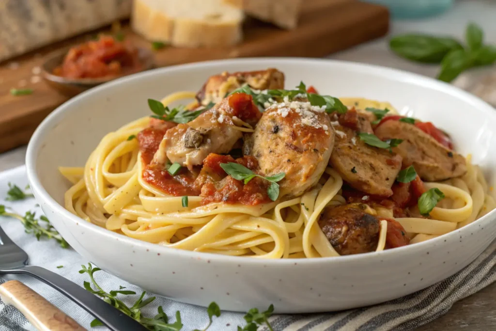 A delicious plate of chicken and Italian sausage pasta served with fresh herbs and vegetables.