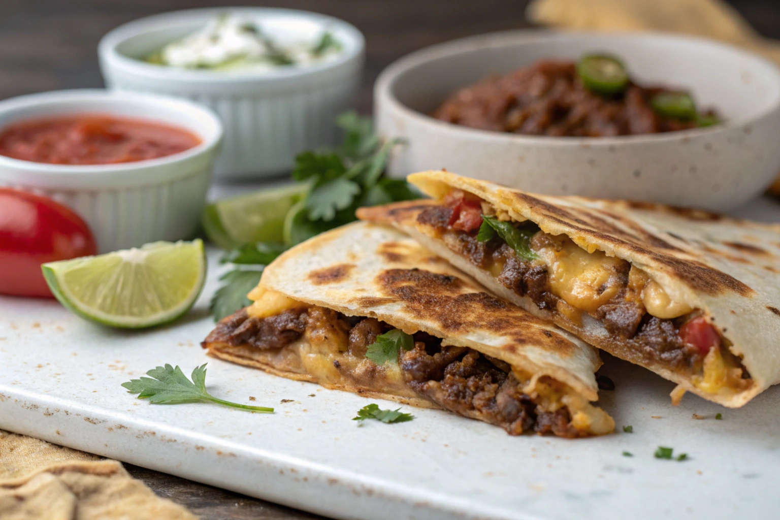 "Simple beef quesadilla recipe with melted cheese and ground beef on a tortilla"