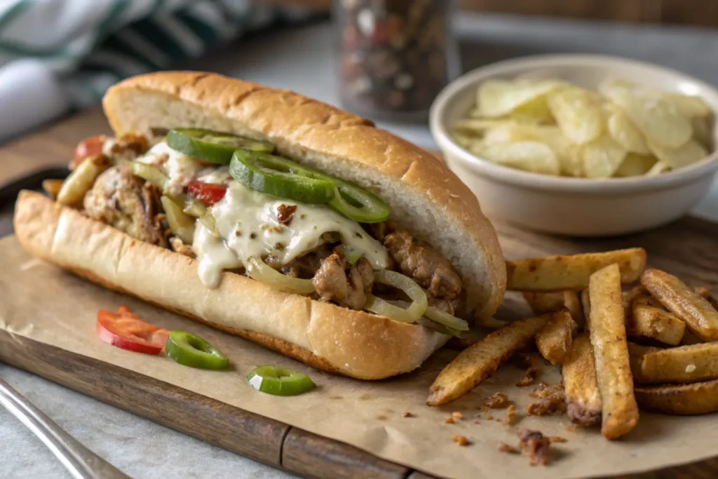 Juicy Chicken Philly Cheesesteak with sautéed peppers, onions, and melted cheese in a golden toasted hoagie roll.