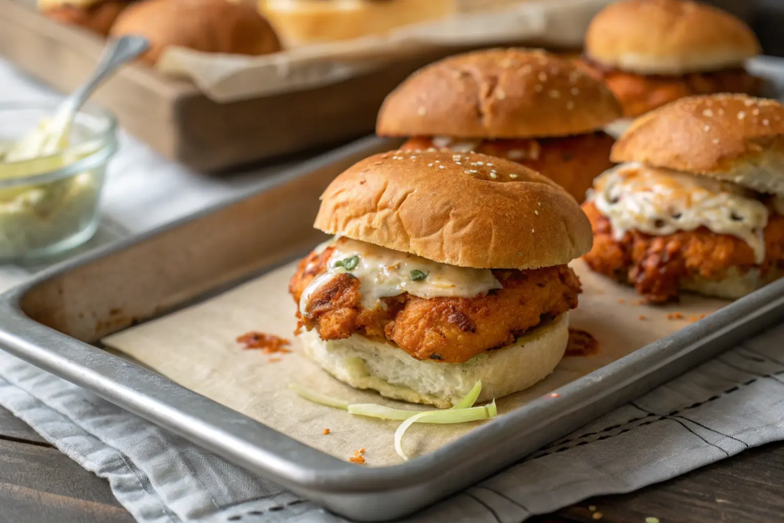 A plate of golden-brown chicken sliders served on toasted buns with fresh lettuce, tomato slices, and a side of crispy sweet potato fries.