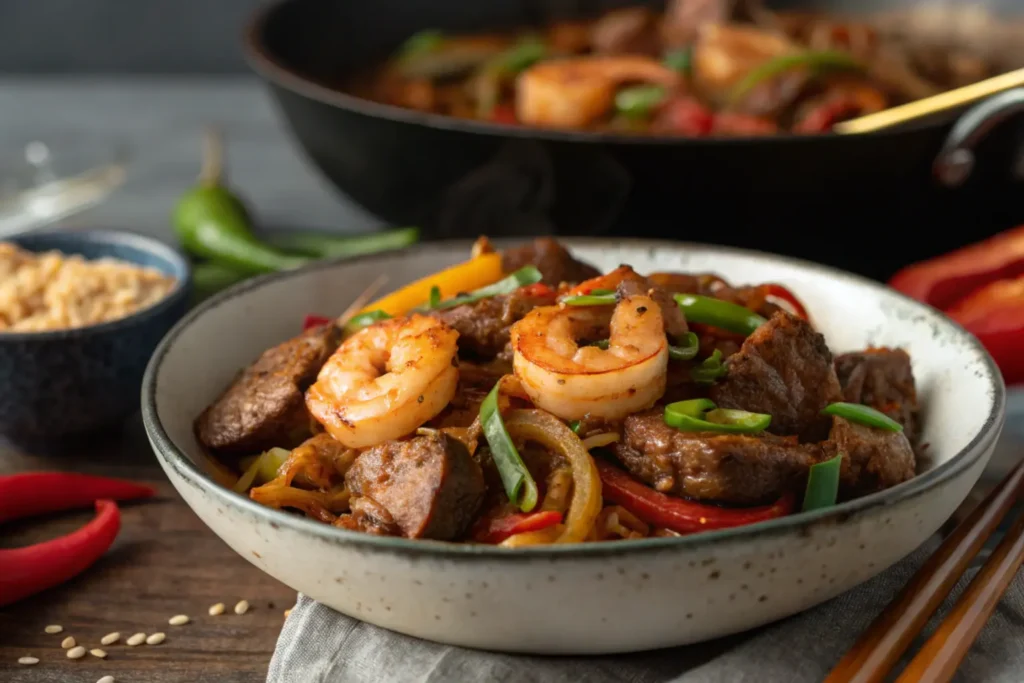 "A sizzling Cajun Beef and Shrimp Stir-Fry served with vibrant bell peppers and garnished with fresh green onions on a white plate."