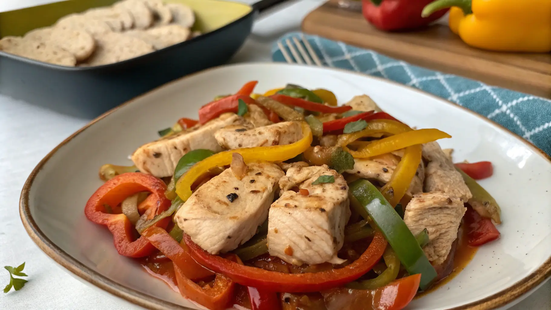 A colorful chicken and peppers recipe in a skillet with tender chicken pieces, vibrant bell peppers, and fresh herbs, served on a rustic table.