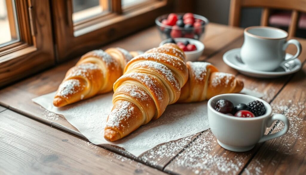 Close-up of freshly baked Swiss Gipfeli on a wooden board, showcasing their golden, flaky layers and buttery texture.