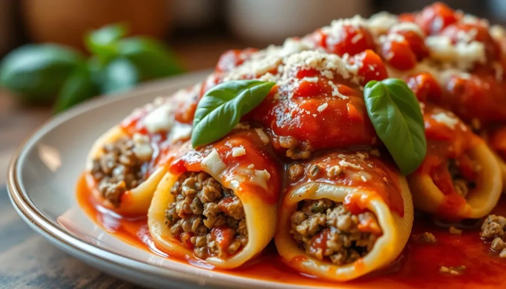 A baking dish filled with golden-brown stuffed shells with meat, topped with marinara sauce, melted cheese, and fresh basil leaves.