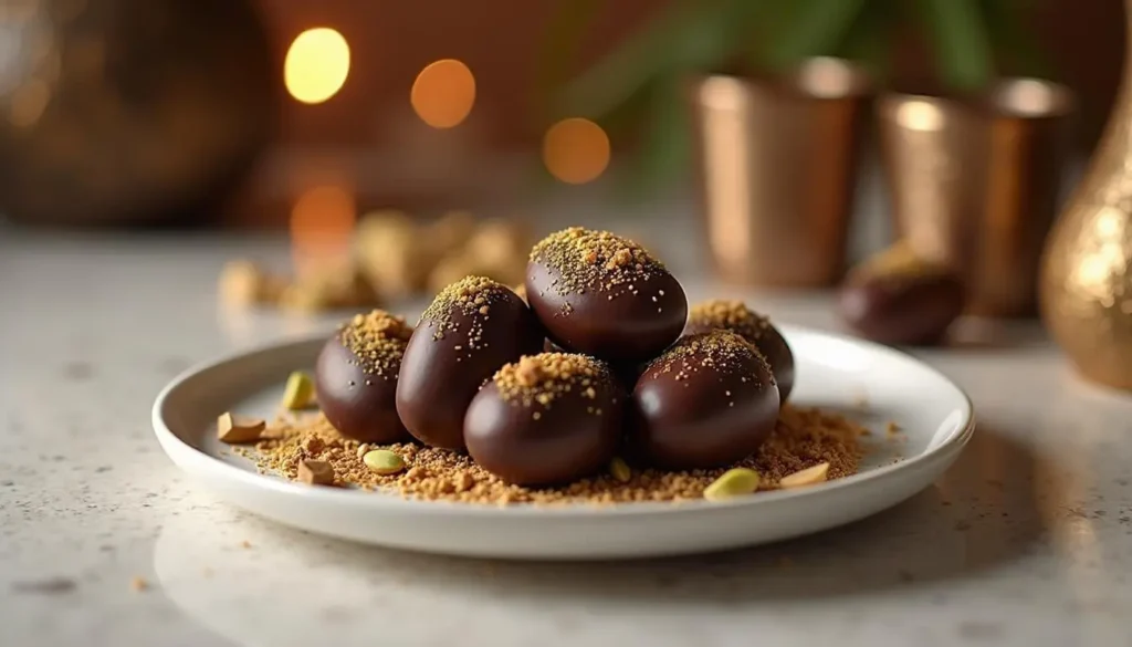 Close-up of delectable chocolate-covered dubia roaches arranged neatly on a serving platter, showcasing a unique edible delicacy chocolate