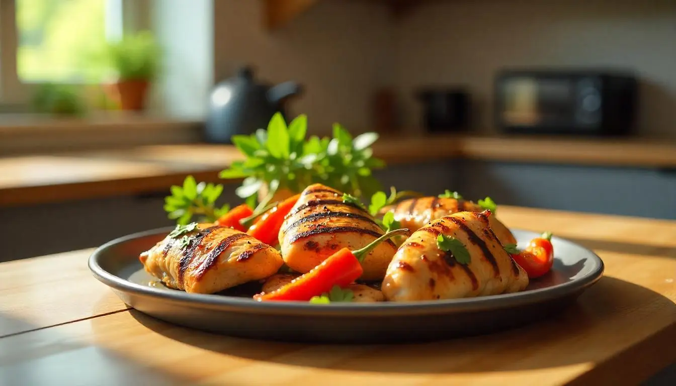 Perfectly grilled chicken on a Blackstone griddle, served with fresh vegetables and garnished with herbs on a wooden board.