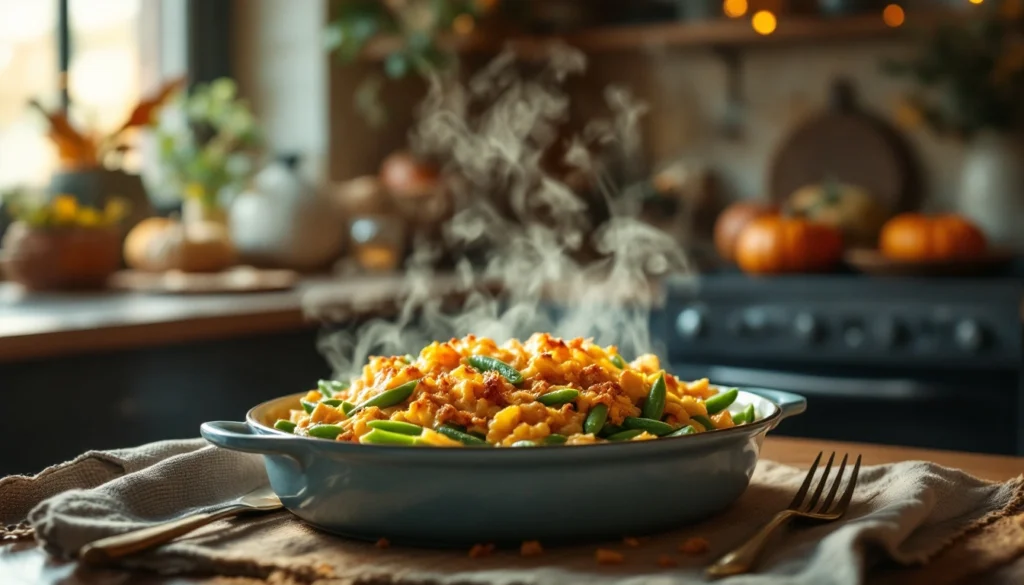 A freshly baked green bean casserole topped with crispy fried onions, served in a white dish, perfect for Thanksgiving dinner.