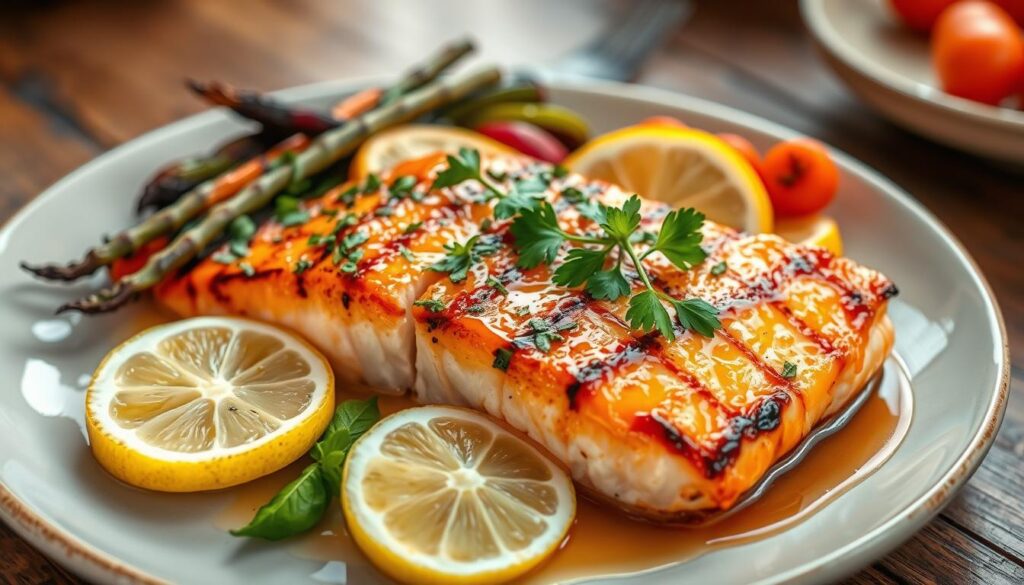 A perfectly grilled salmon fillet on a white plate, garnished with fresh herbs and lemon slices, showcasing its juicy and flavorful texture.