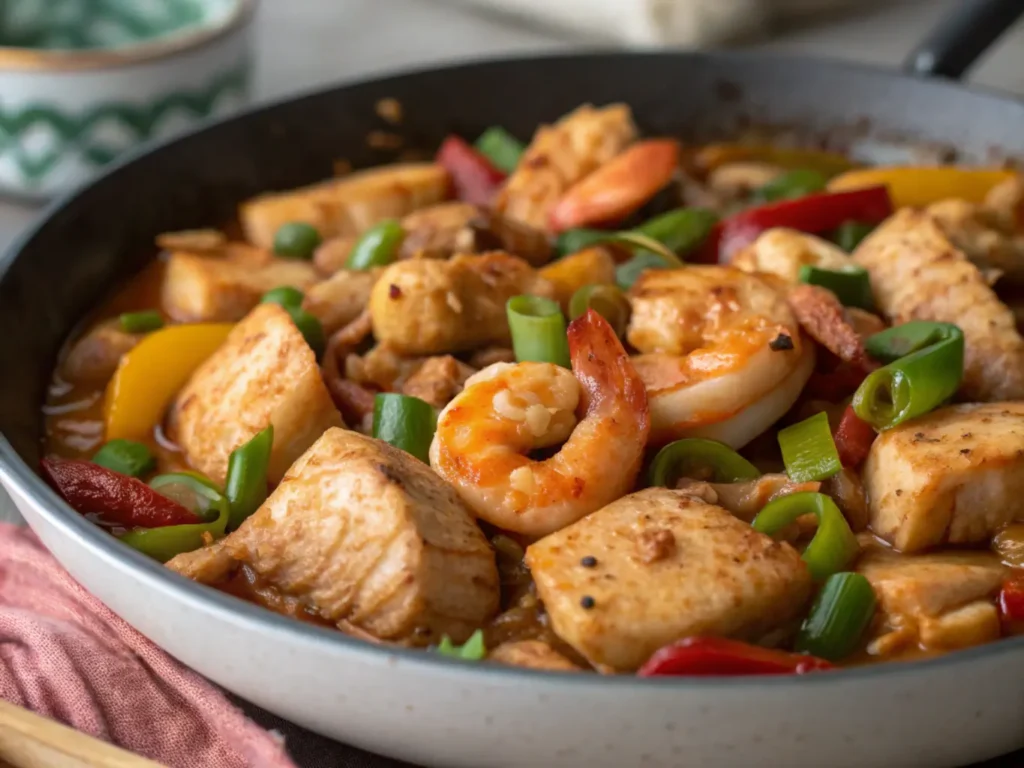 Delicious chicken and shrimp recipes on a plate, showcasing various dishes like pasta and stir-fries.