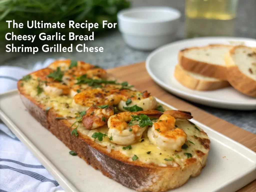 A perfectly golden cheesy garlic bread shrimp grilled cheese sandwich with melted cheese and crispy garlic bread.