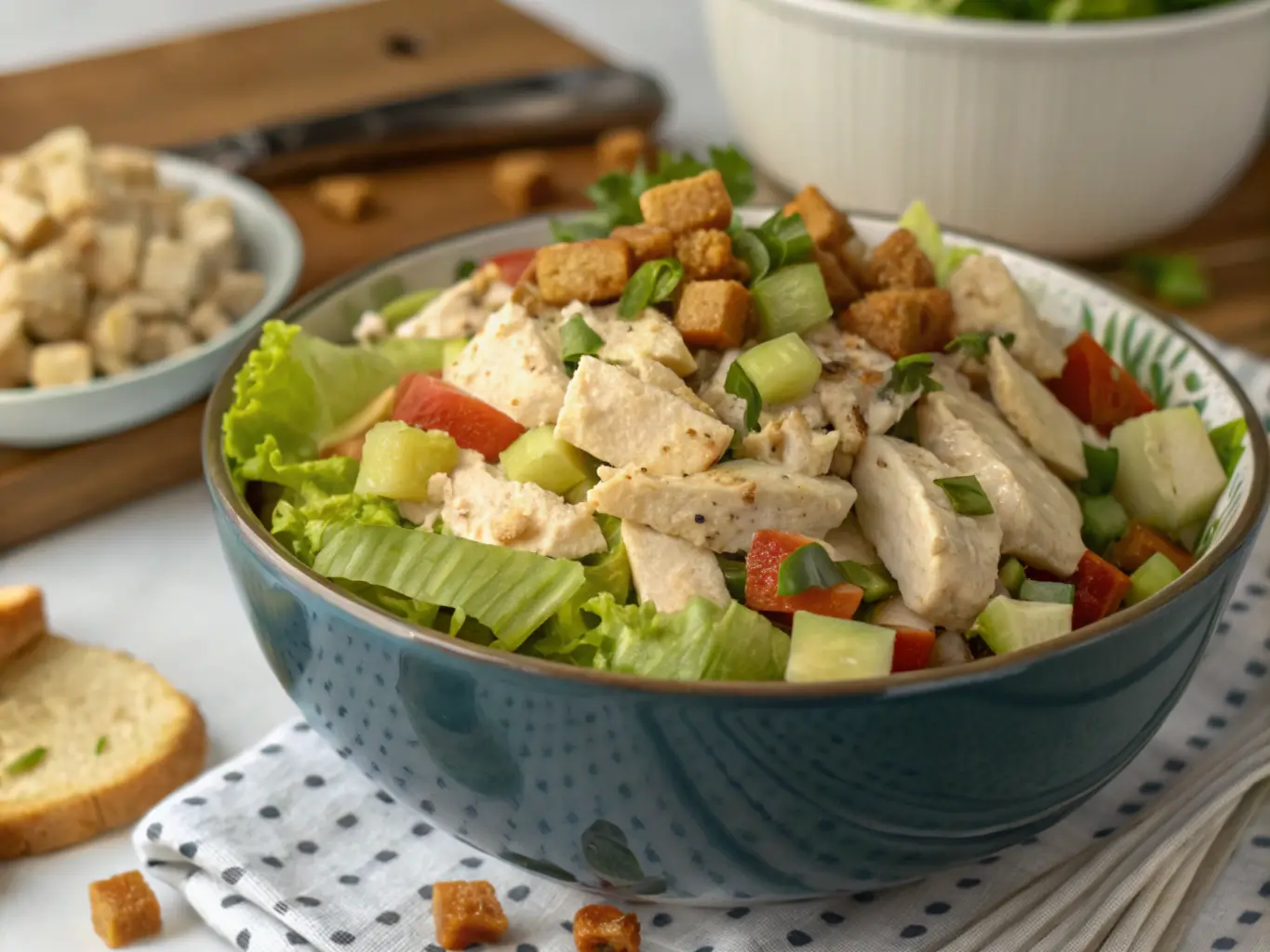 Classic chicken salad with celery and mayonnaise served in a bowl.