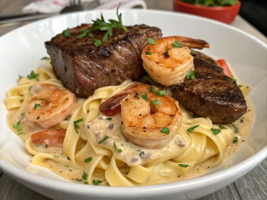 Savory Cajun Surf & Turf Alfredo featuring shrimp, steak, and a rich creamy Alfredo sauce with a hint of Cajun spice.