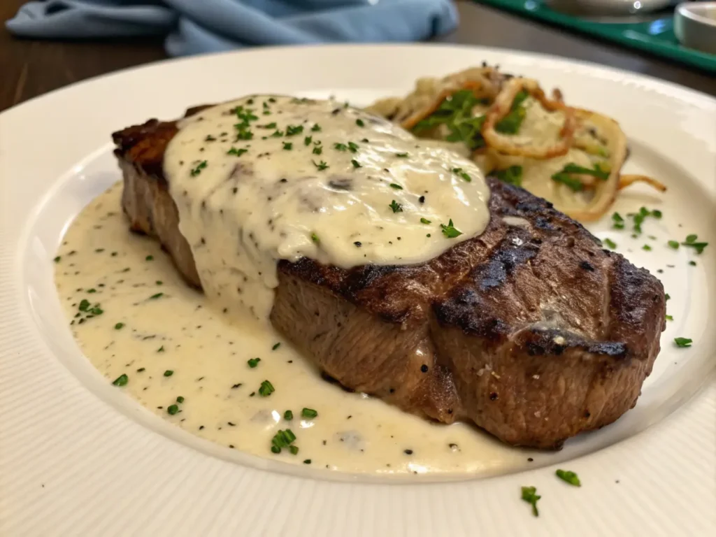 Perfectly seared steak topped with creamy garlic sauce