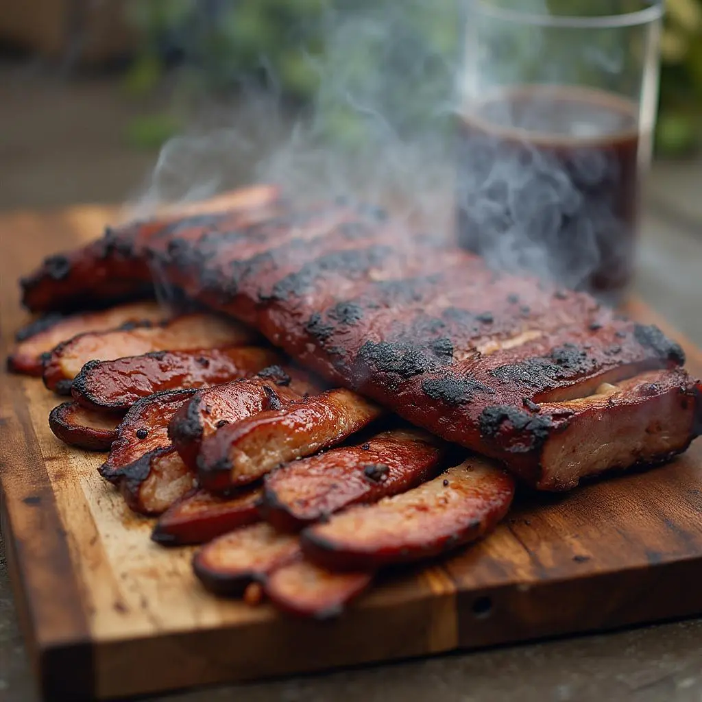 A variety of BBQ essentials including a smoker, wood chips, BBQ sauce, and thermapen thermometer, all featured in the ultimate BBQ guide.