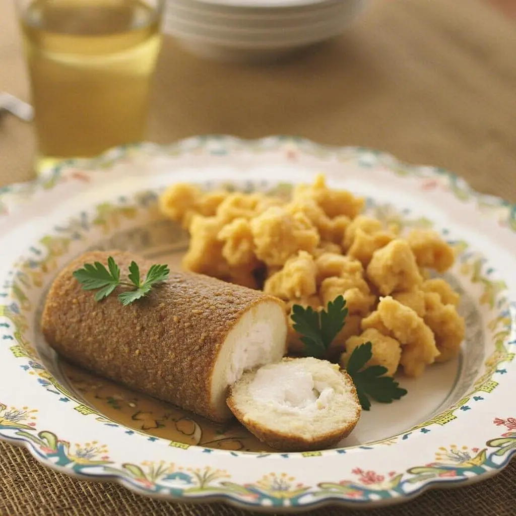 A plate of homemade gefilte fish garnished with fresh herbs, served with horseradish on a festive Passover table.