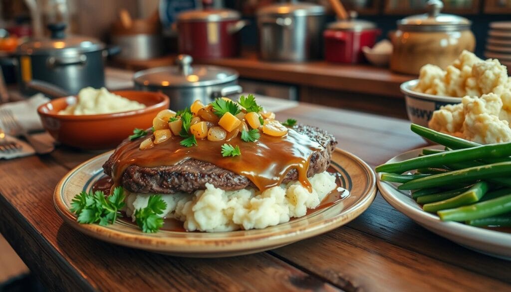 Plate of homemade old fashioned Salisbury steak topped with rich brown gravy, served with mashed potatoes and green beans.