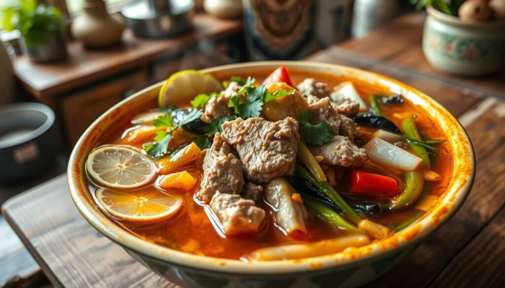 A bowl of hearty Filipino sinigang soup filled with tender pork, fresh vegetables, and tamarind broth served with steamed white rice.