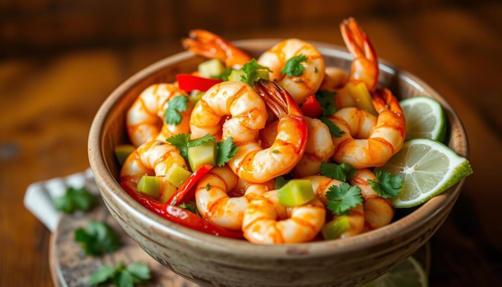 A vibrant shrimp bowl with fresh vegetables, brown rice, and a drizzle of tangy sauce, served in a white bowl on a rustic wooden table.