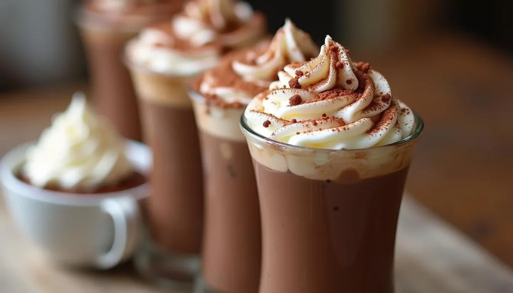 A steaming mug of rich, flavorful hot chocolate topped with whipped cream and chocolate shavings.