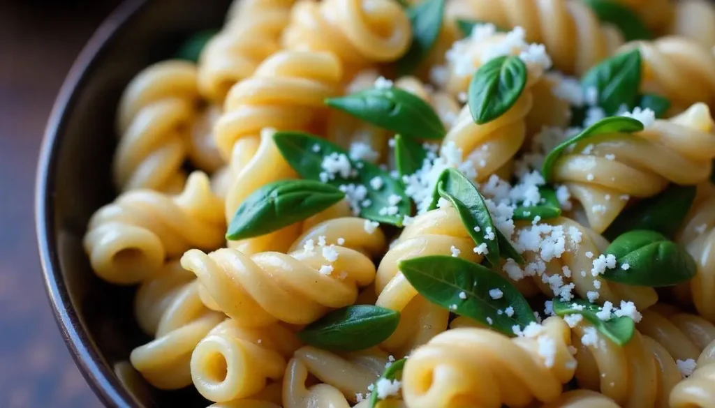 Close-up of a bowl of creamy cavatappi pasta garnished with fresh parsley and Parmesan cheese