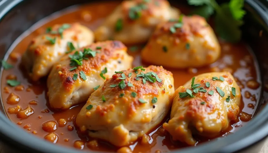 A delicious crockpot chicken meal with tender chicken, vegetables, and savory sauce, served in a slow cooker.