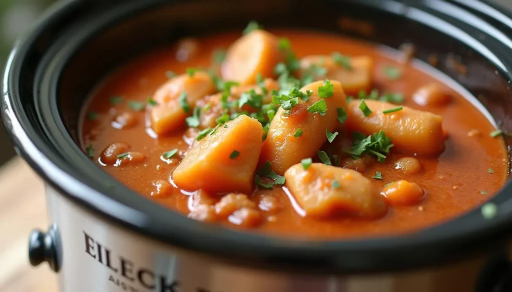 A tender pot roast with carrots, potatoes, and onions, cooked to perfection in a crock pot.