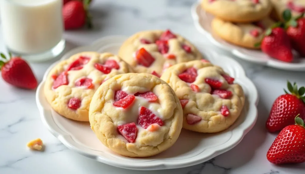 "All ingredients for strawberry cheesecake cookies, including cream cheese, fresh strawberries, flour, sugar, and butter, arranged on a wooden table."