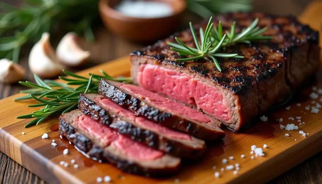 Grilled flap steak with rosemary and garlic, sliced and ready to serve on a wooden cutting board.