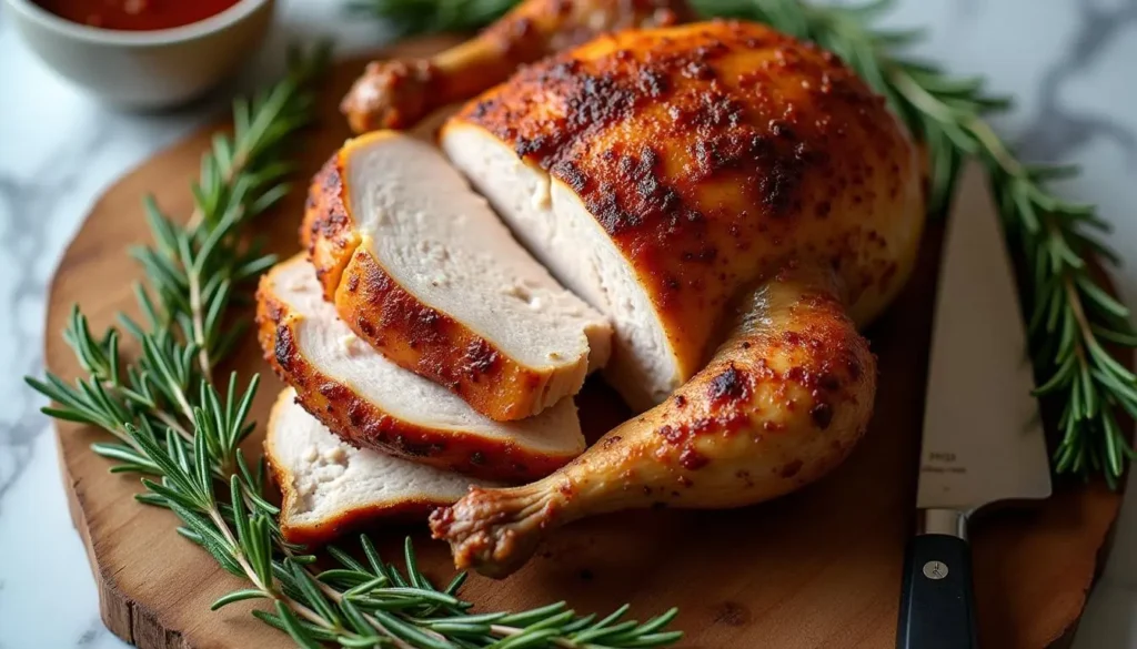 "Juicy smoked turkey breast with golden crust, garnished with fresh herbs, on a rustic wooden cutting board."