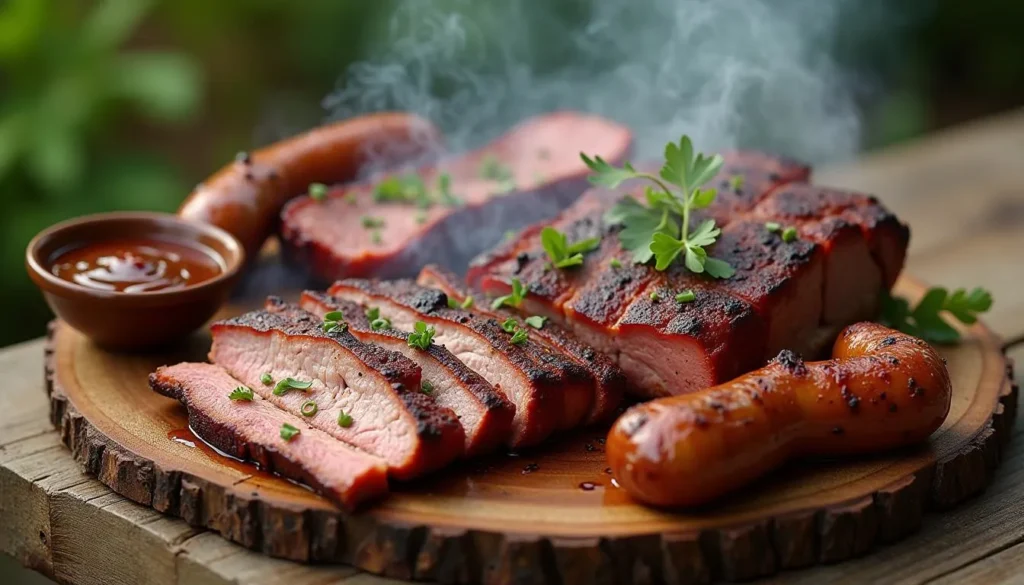 "Delicious smoked BBQ platter with brisket, ribs, and sausages on a rustic wooden board, garnished with fresh herbs and BBQ sauce."