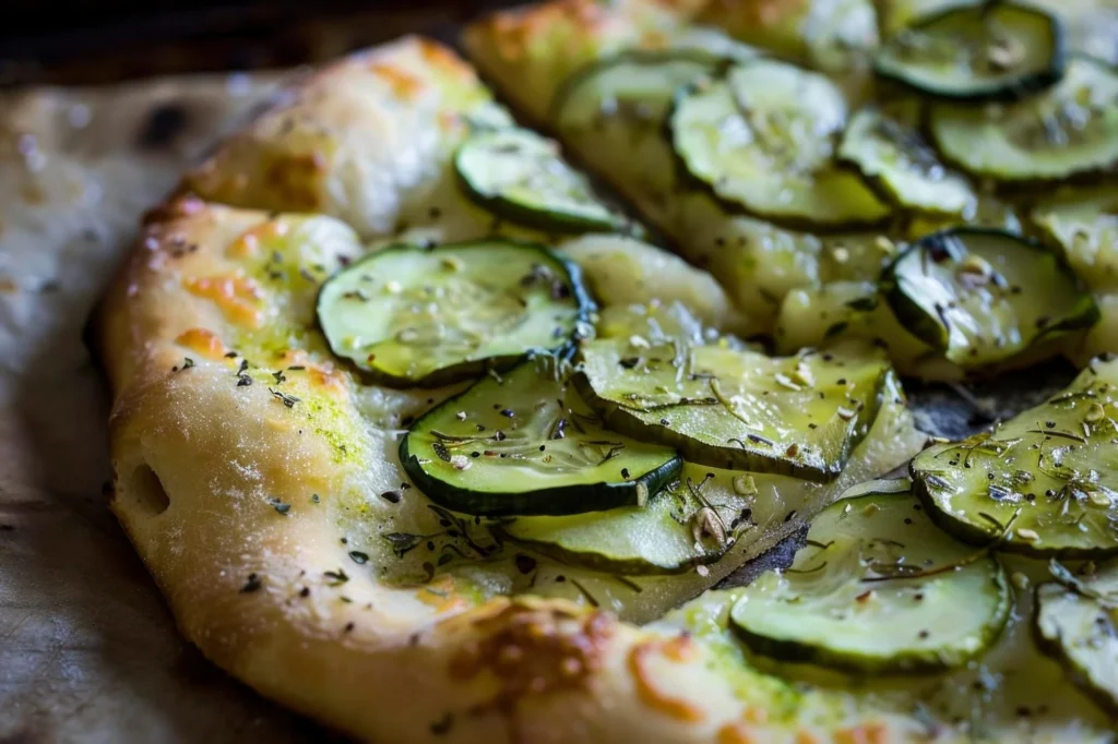 A freshly baked Pickle Pie Pizza topped with tangy pickles, melted cheese, and a golden crust served on a rustic wooden board.