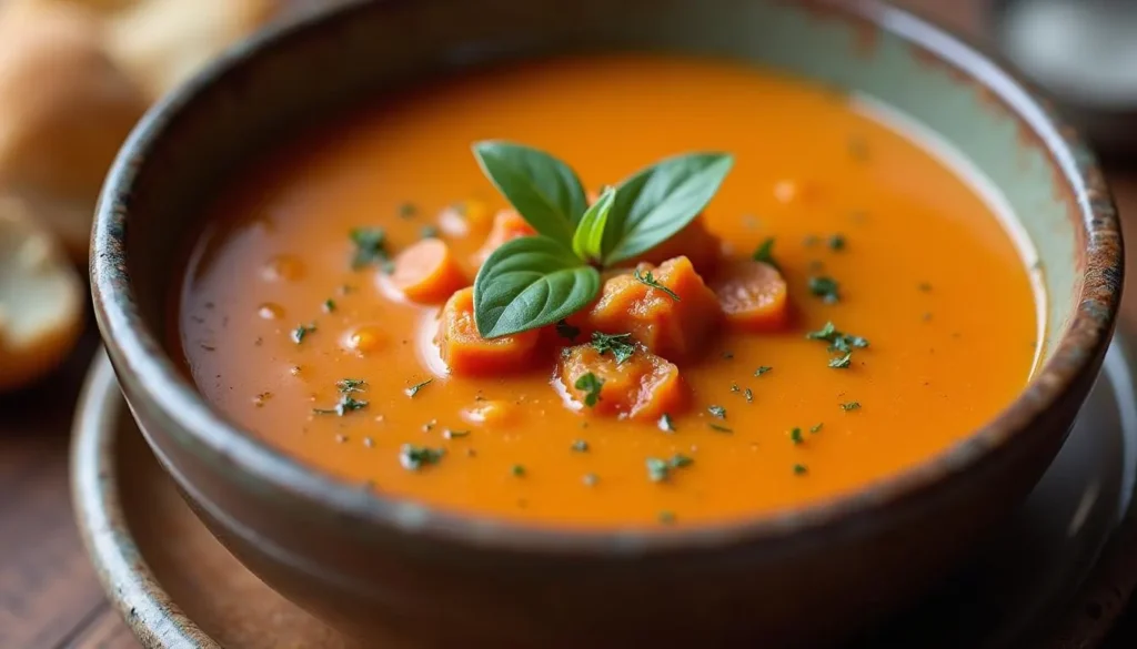 A colorful vegetable soup with carrots, celery, and beans in a rustic pot.