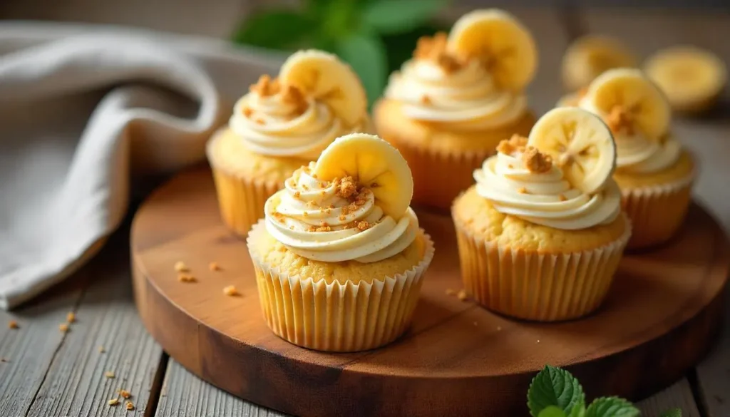 "A tray of banana pudding cupcakes decorated with a swirl of whipped cream."