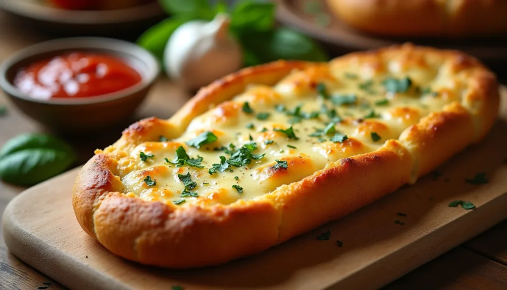 "Cheesy garlic bread fresh out of the oven with bubbling melted cheese."