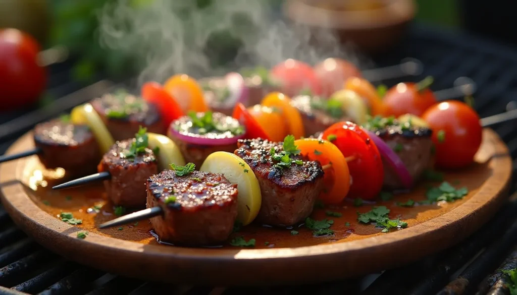 "Grilled Garlic Butter Steak Kabobs with vibrant vegetables on skewers."