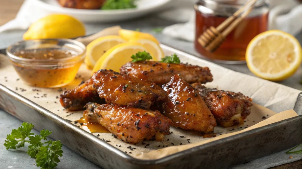 "Close-up of crispy honey lemon pepper wings coated in a shiny glaze."