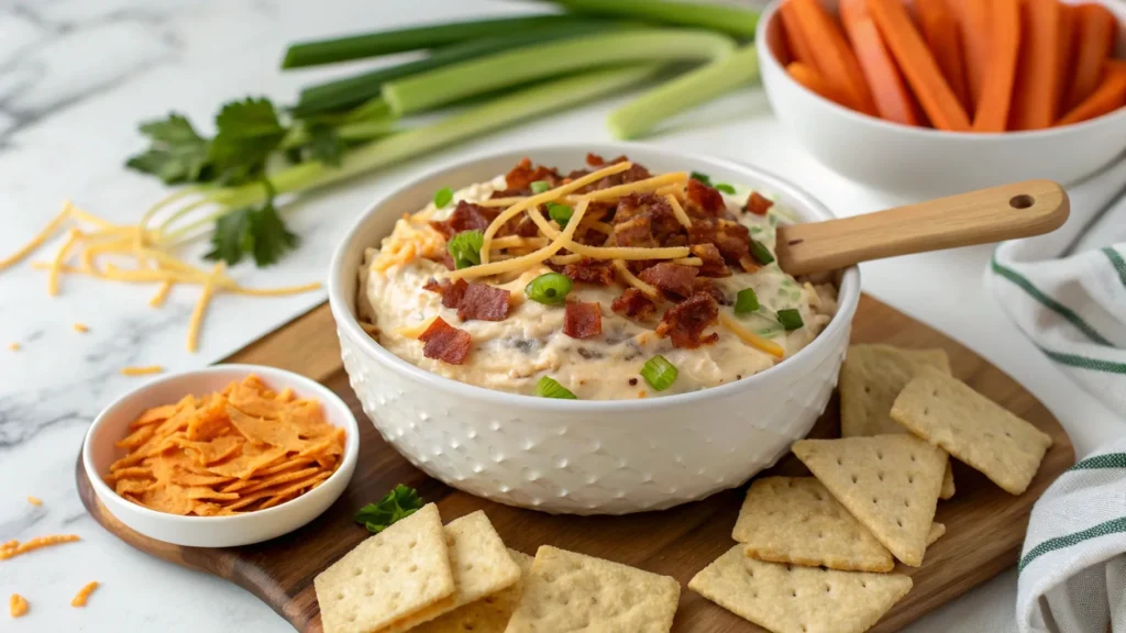 Creamy Million Dollar Dip with bacon and cheddar in a ceramic bowl