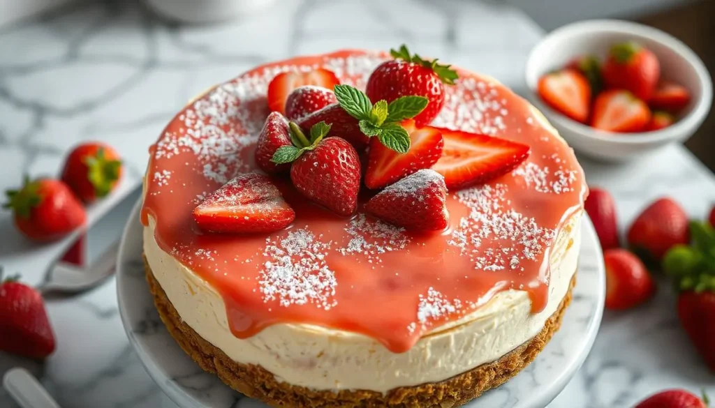 New York Strawberry Topped Cheesecake on marble stand with fresh strawberries