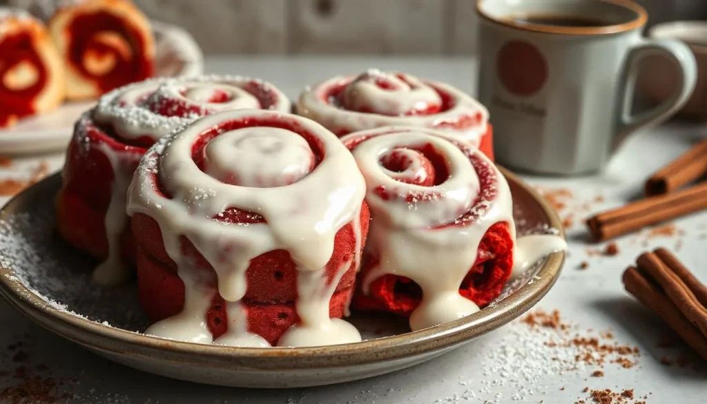 "Freshly baked red velvet cinnamon rolls topped with cream cheese frosting."