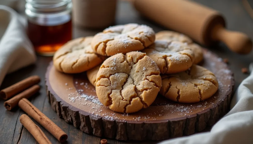 "Soft molasses cookies on a holiday plate, decorated with cinnamon sticks."