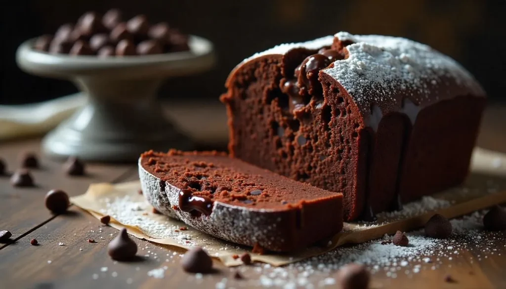 "Cross-section of dense chocolate pound cake showing rich texture"