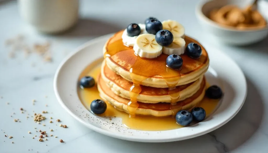 "A breakfast plate featuring protein pancakes alongside a smoothie."