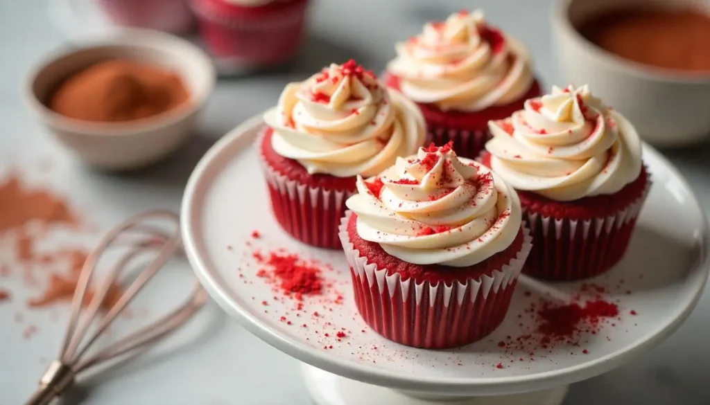 "A batch of red velvet cupcakes topped with cream cheese frosting and red sprinkles."